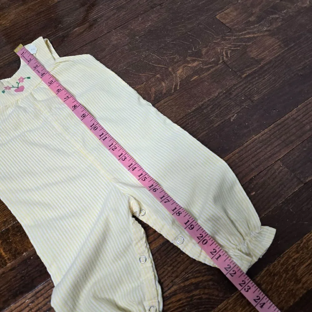 Vintage 80s 90s Pastel Yellow Striped Pink Heart Embroidery Baby Overalls